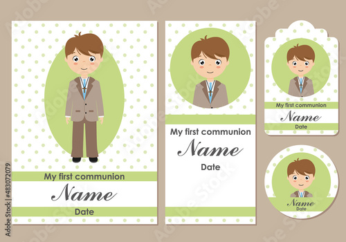 Set my first communion boy. Card,  bookmark, label and sticker.