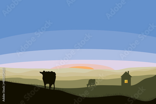 Fototapeta Naklejka Na Ścianę i Meble -  vector silhouettes of houses with lights in the window and cows grazing on a pasture against the backdrop of sunset. evening rural landscape