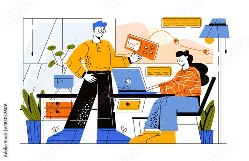 The process of creative teamwork. A guy and a girl are building a business on the Internet. The guy analyzes the statistics on the screen. Well-coordinated work of the business team. Vector.