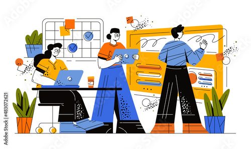 Businessmen give a presentation to their team. The girl looks at her tablet. The businessman talks about the project and shows charts on the tablet. The creative team will present their project.