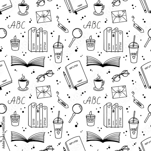 Pattern of various reading items. Vector black and white illustration of seamless background of assorted objects showing concept of reading on white background