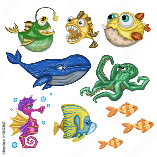 Set of sea vector drawn fishes