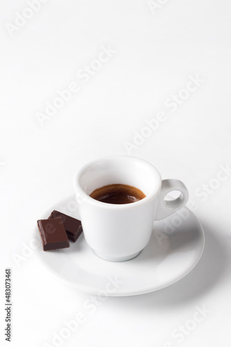 white coffee cup with chocolate on white background, Cup of espresso.