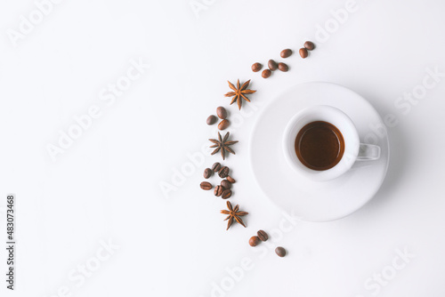Cup of coffee , coffee beans on white background. Cup of espresso.Top view