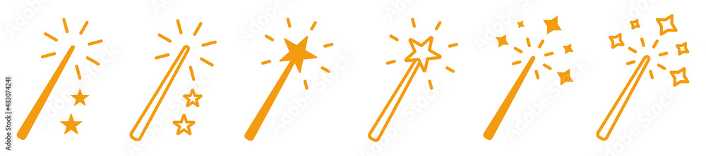 Set of magic wand icons. Magic wand with a star, wizard tool. Magic and miracle symbols. Wizard stick for apps and web sites, vector. Set of magic wand icons. Magic wand with a star, wizard tool. Magic and miracle symbols. Wizard stick for apps and web sites, vector.