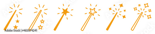 Set of magic wand icons. Magic wand with a star, wizard tool. Magic and miracle symbols. Wizard stick for apps and web sites, vector.