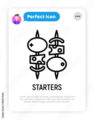 Starters, appetizers thin line icon. Canapes: cheese with olives. Modern vector illustration for restaurant menu.