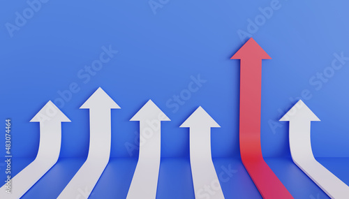 Perspective red arrow growth over white arrows, competitive and success business concept. 3d rendering illustration.