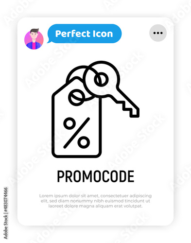 Promocode thin line icon: percent sign on label with key. Modern vector illustration for discount.