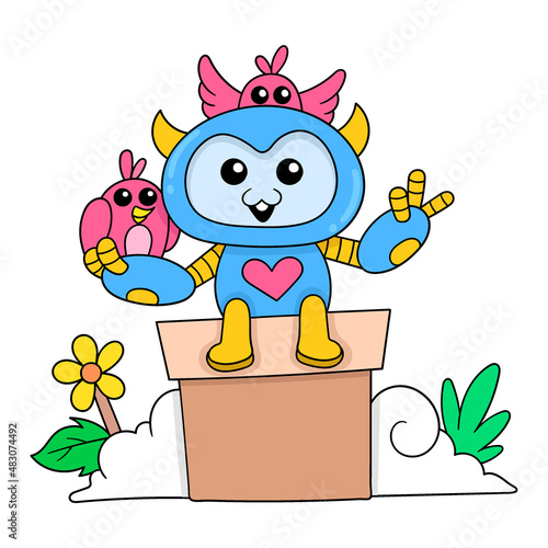 cute creatures sitting with birds in nature celebrating spring, doodle icon image kawaii