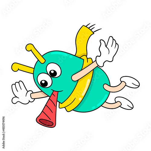 cute flying creature blowing party trumpet, doodle icon image kawaii