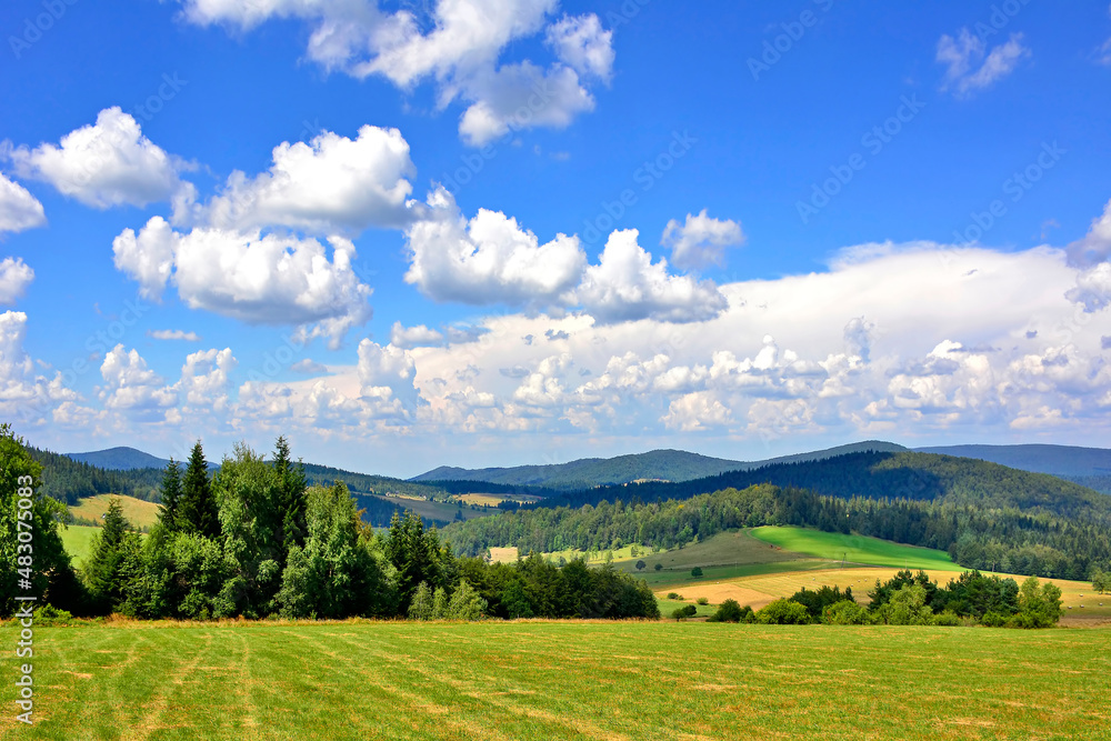 Beautiful summer landscape in the mountains with green meadows and forested hills, Low Beskids (Beskid Niski), Poland Beautiful summer landscape in the mountains with green meadows and forested hills, Low Beskids (Beskid Niski), Poland
