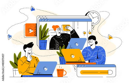 People work, study, communicate online via video conferences. Girl with glasses holding a big play button. The guy sits at home in front of a laptop and talks with colleagues online. Vector