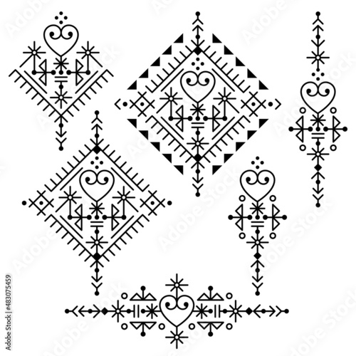 Icelandic style geometric tribal line art vector design set - square and long designs with hearts, ornamental patterns collection inspired by Nordic Viking rune art
