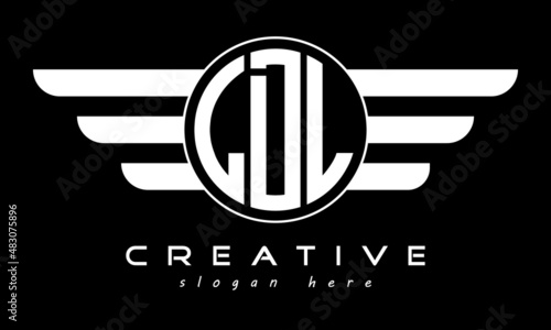 LDL three letter monogram type circle letter logo with wings vector template.	
