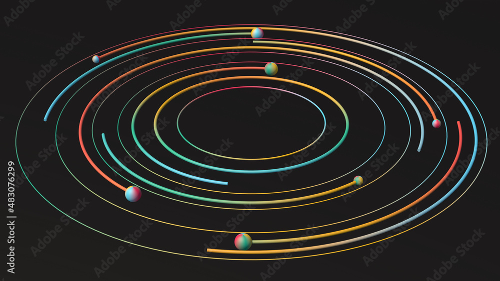 Fototapeta premium Blue, green, red, yellow circles and balls. Abstract illustration, 3d render, close-up.