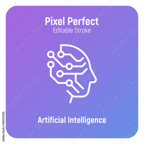 Artificial intelligence thin line icon. Deep learning. Human face with processor. Machine learning. Pixel perfect  editable stroke. Vector illustration.