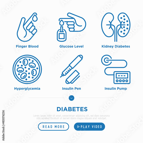 Diabetes thin line icons set: blood test, glucometer, glucose level, insulin pen, hyperglycemia, kidney diabetes, insulin pump. Pixel perfect, editable stroke. Vector illustration.