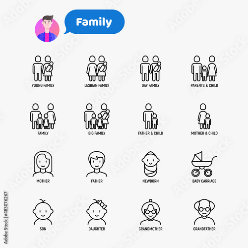 Family thin line icons set: mother, father, newborn, son, daughter, lesbian, gay, single mother and child, grandmother, grandfather. Modern vector illustration.