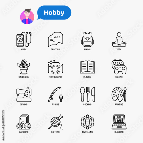 Hobby thin line icons set: reading, gaming, gardening, photography, cooking, sewing, fishing, hiking, yoga, music, travelling, blogging, knitting. Modern vector illustration.