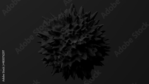 Black deformed sphere, black background. Abstract monochrome illustration, 3d render.
