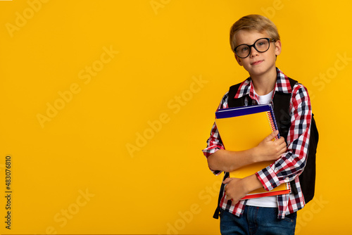 Calm clever caucasian teenage boy pupil in glasses with books and notebooks ready to study in school