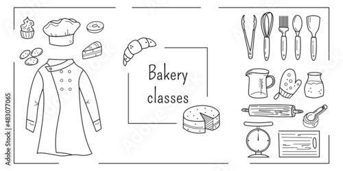Bakery classes or courses banner background. Chef uniform, pastries, desserts and kitchen utensils. Hand drawn vector doodle illustration