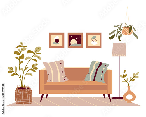 Home interior design with sofa, pillows, potted house plants, carpet and wall art in bohemian style. Cozy living room with modern furniture and decor. Flat vector illustration