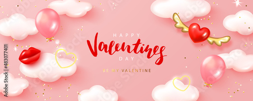 Happy Valentine s Day poster with realistic 3d flying red heart, cloud's, lips, balloons and golden confetti.Festive background for February 14 with hand lettering.Vector design for postcards