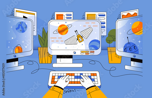 Cybersport player at the computer competes for a trophy. The guy sits at the table and plays a game on a large monitor. Hands hold keyboard and screen with rocket illustration. Cybersport concept.