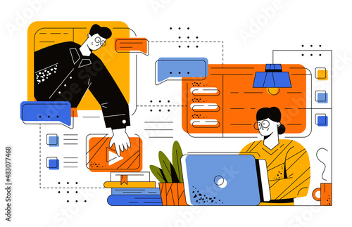 People communicate, work, and learn from anywhere via video conferencing. Students study online from home using laptops. The guy with the glasses reaches for the big play button. Distance learning.