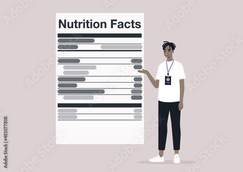 Nutrition facts, added sugar, healthy lifestyle, the balance of ingredients in daily ration, a young character with a badge explaining a product label