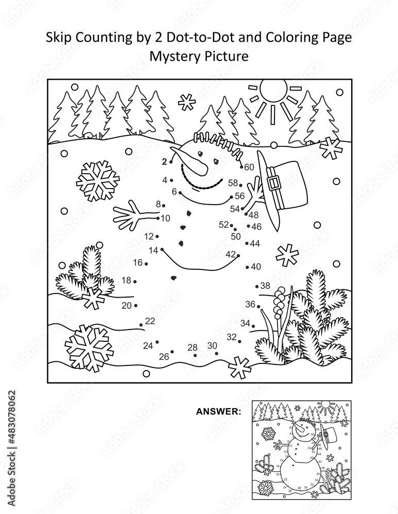 Skip counting by 2 dot-to-dot and coloring page - snowman. Answer included.
