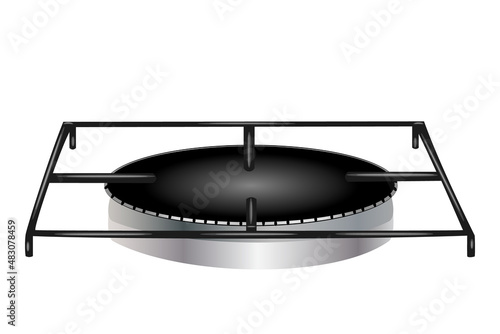 Gas stove burner isolated on white background. Kitchen gas stove with black steel grate. Metal cooking home easy equipment with energy of natural gas.Extinct gas stove burner with metal holders.Vector