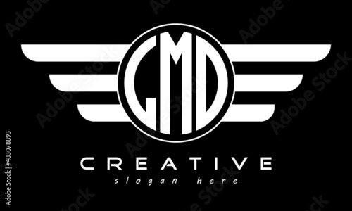 LMO three letter monogram type circle letter logo with wings vector template.