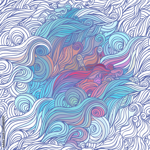 Vector color abstract hand-drawn hair pattern with waves and clouds. Asian st...