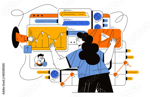 Digital PR agency. PR managers work as a team in front of large screens with graphs. A girl manager manages digital data. Hand points the girl to the chart. Flat vector illustration