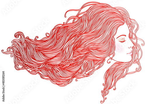 Beauty Salon: Portrait of pretty young woman in profile view with long beautiful red hair. Vector illustration