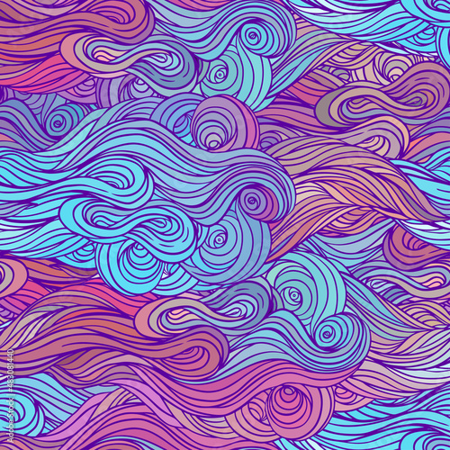 Vector color abstract hand-drawn hair pattern with waves and clouds. Asian st...