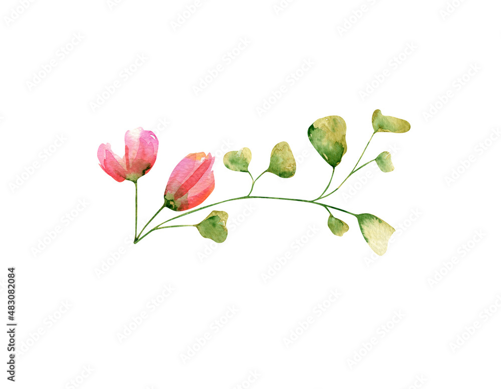 Watercolor rose composition. Botanical illustration of tea-rose, red, yellow and pink garden flower bud with branch for invitation, postcards Watercolor rose composition. Botanical illustration of tea-rose, red, yellow and pink garden flower bud with branch for invitation, postcards