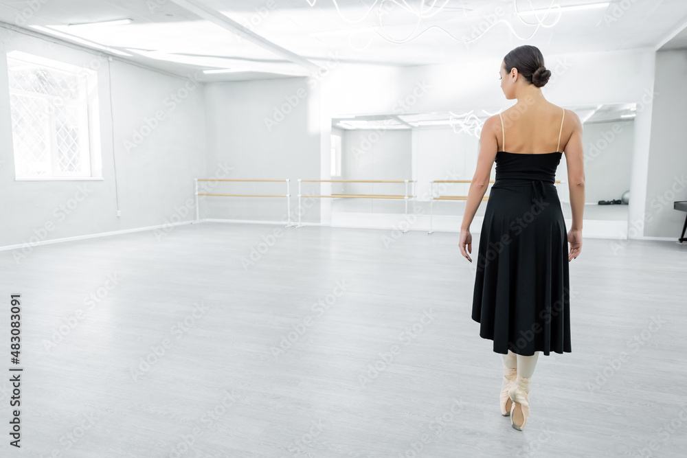 back view of ballerina in pointe shoes standing on toes during repetition in dancing hall back view of ballerina in pointe shoes standing on toes during repetition in dancing hall