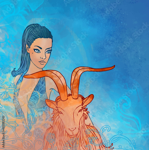 Illustration of capricorn zodiac sign as a beautiful girl with goat