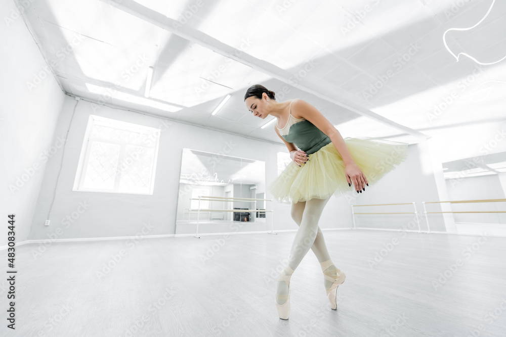 full length view of brunette ballerina rehearsing in studio full length view of brunette ballerina rehearsing in studio