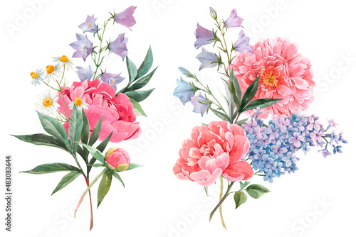 Beautiful floral set with watercolor hand drawn peony lilac flower bouquets. Stock illustration.
