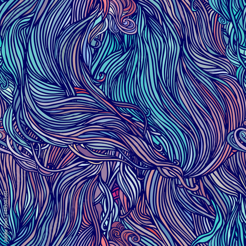 Vector color abstract hand-drawn hair pattern with waves and clouds. Asian st...
