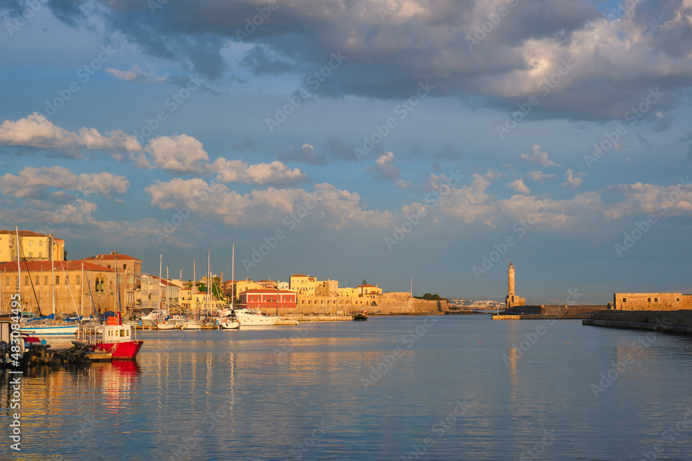 Picturesque old port of Chania is one of landmarks and tourist destinations of Crete island in the morning on sunrise. Chania, Crete, Greece