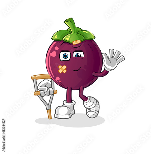 mangosteen sick with limping stick. cartoon mascot vector