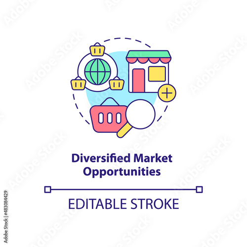 Diversified market opportunities concept icon. Export business advantages abstract idea thin line illustration. Isolated outline drawing. Editable stroke. Arial, Myriad Pro-Bold fonts used