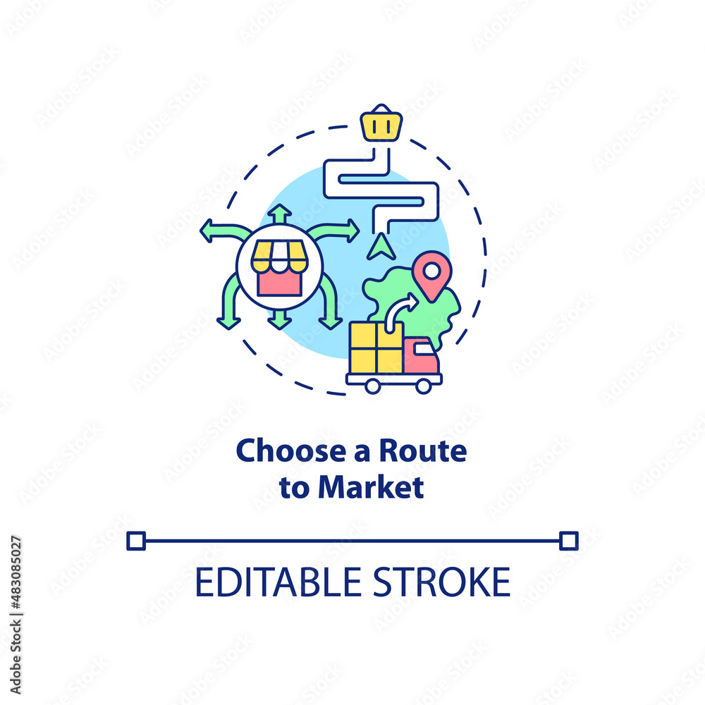 Choose route to market concept icon. Marketing strategy. Export business tips abstract idea thin line illustration. Isolated outline drawing. Editable stroke. Arial, Myriad Pro-Bold fonts used