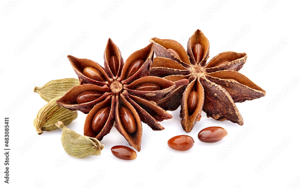 Ciardamomm and anise isolated on white background. Spices closeup. Ciardamomm and anise isolated on white background. Spices closeup.